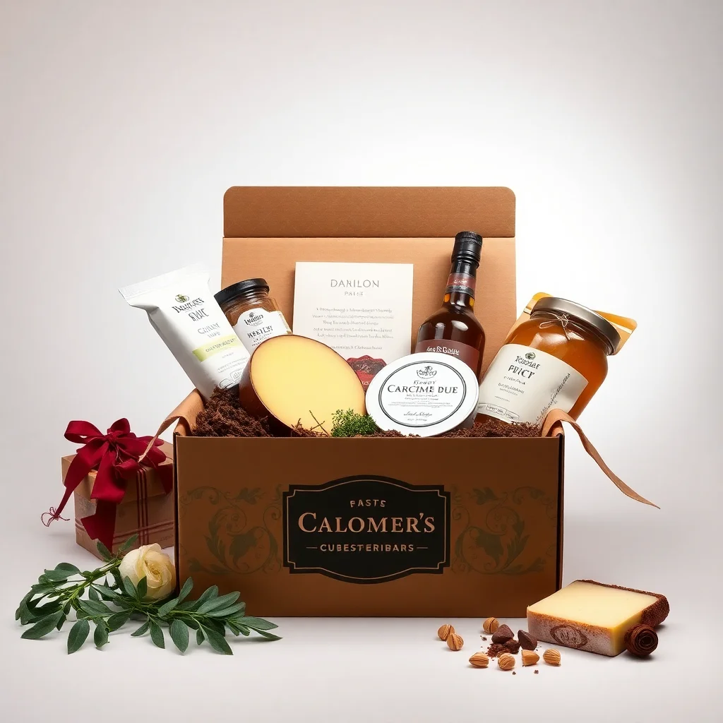 A beautifully packaged subscription box with artisanal products and cheese inside.