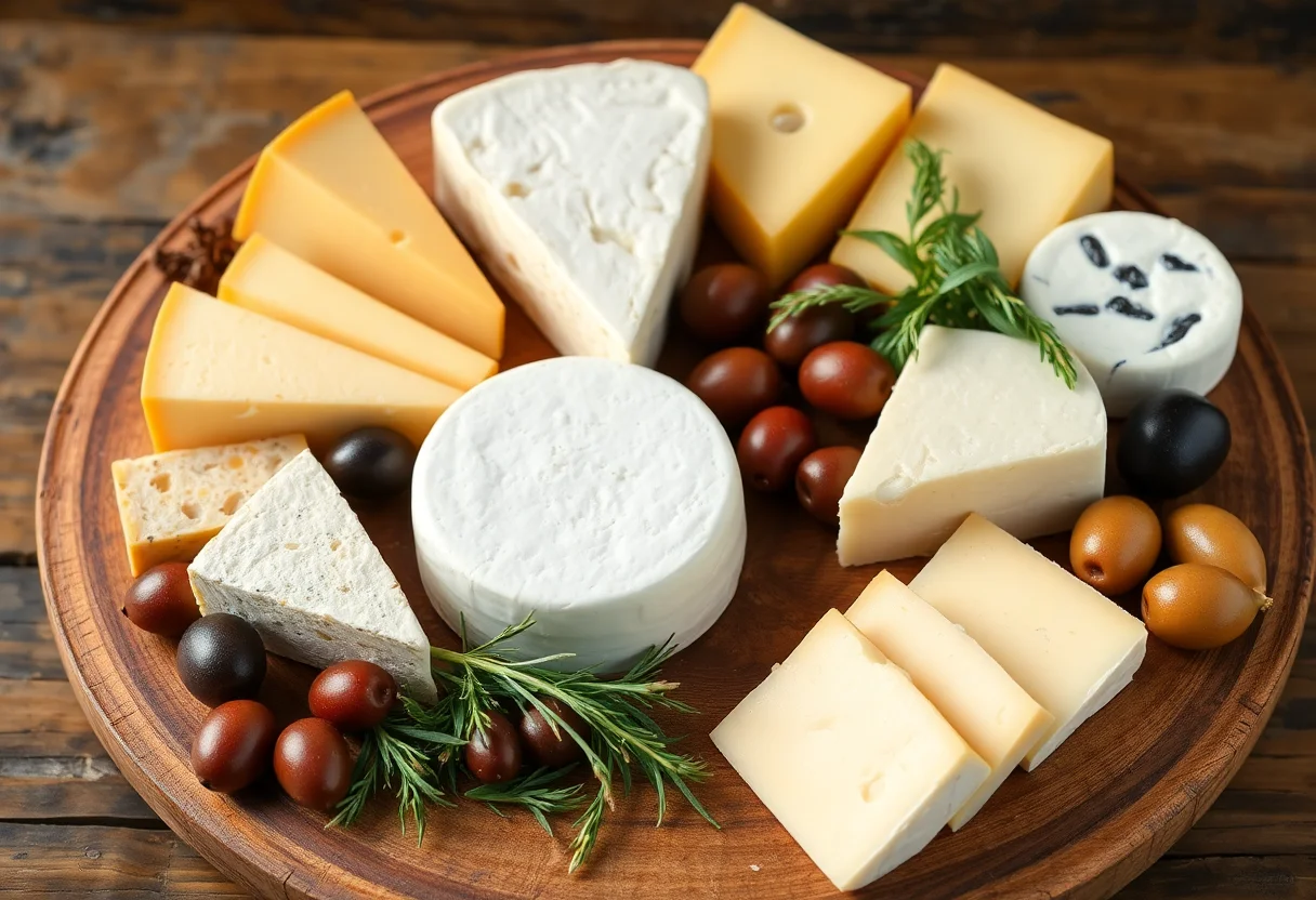 A rustic cheese board with various Aegean cheeses, olives, and herbs.