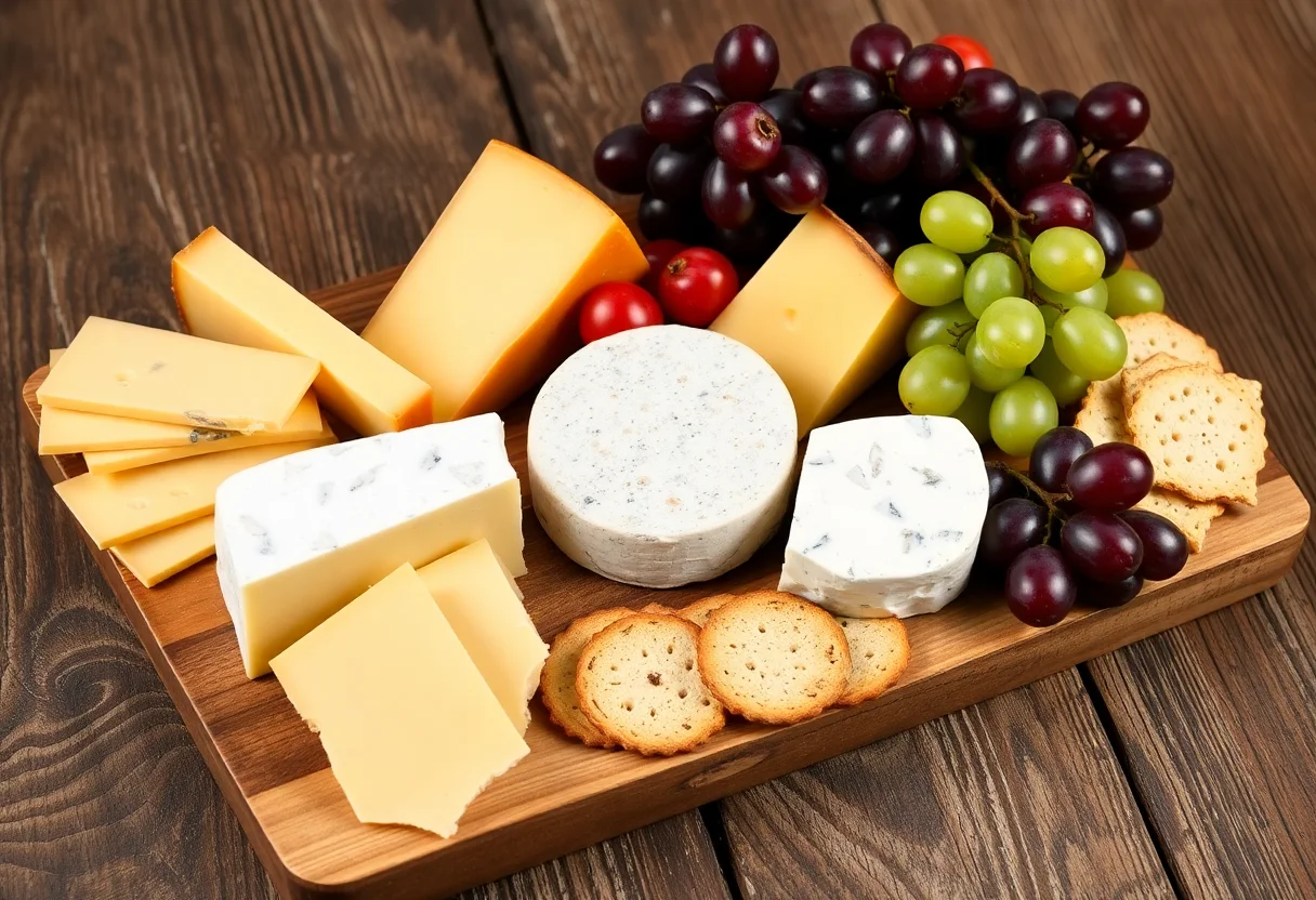 A rustic wooden board displaying a variety of artisanal Turkish cheeses, grapes, and crackers.