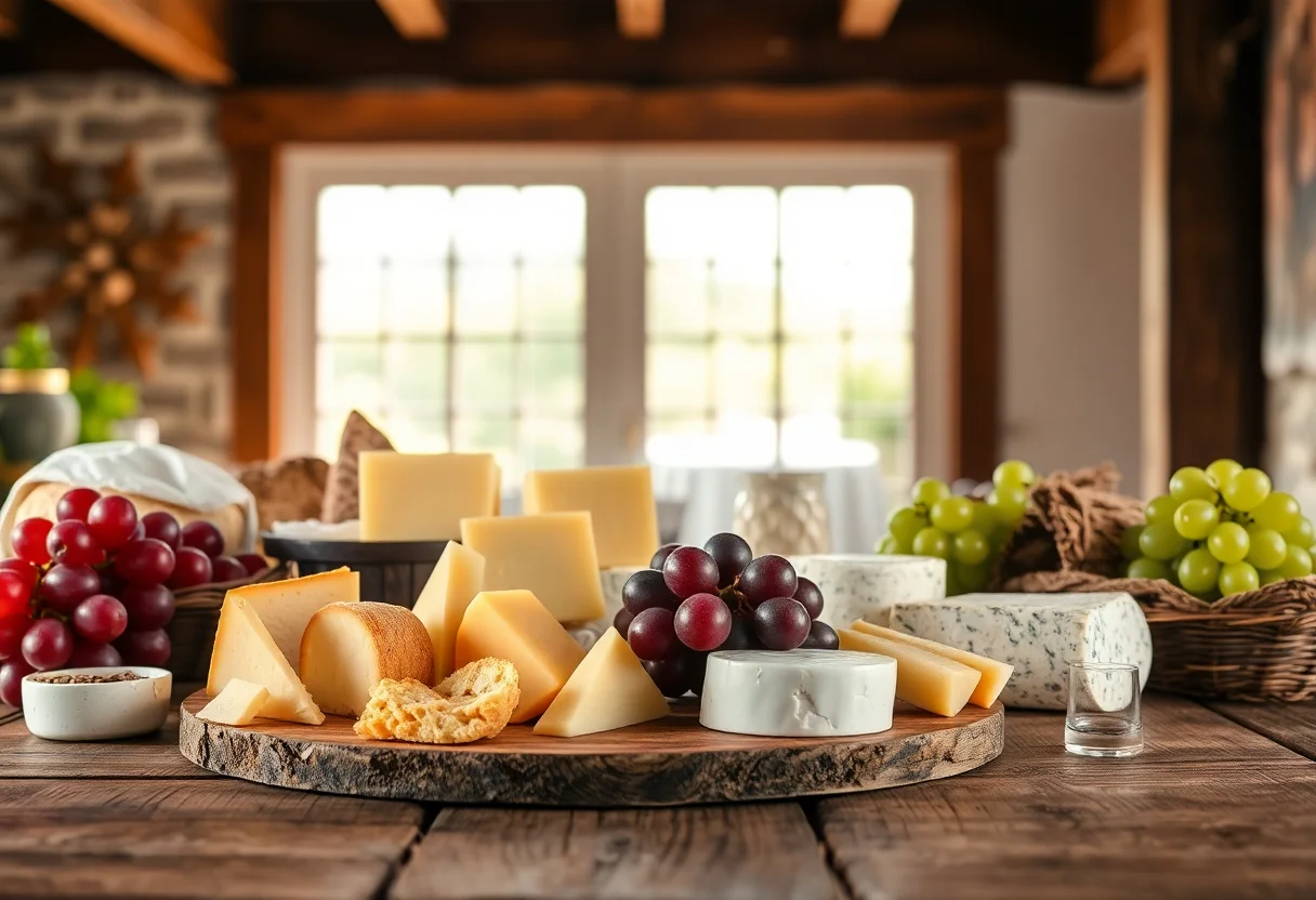 A rustic wooden table with various cheeses, grapes, and bread in a warm, sunlit setting.