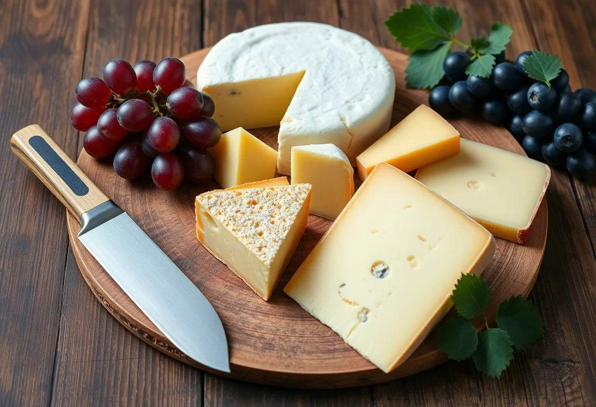 A rustic wooden table with various types of artisan cheese, grapes, and a knife