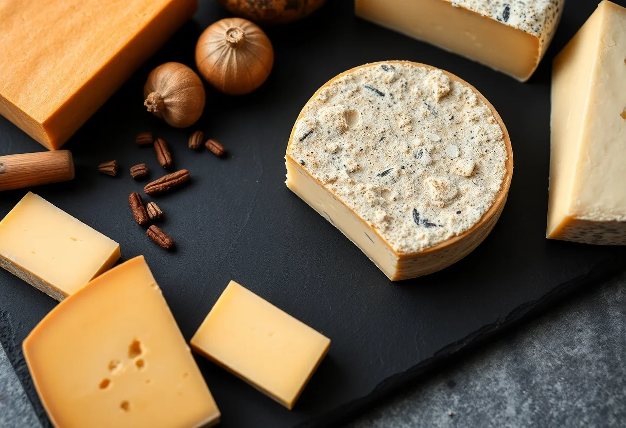 An arrangement of rich, aged Eastern Anatolian cheeses like Kars Gruyere on a dark slate.