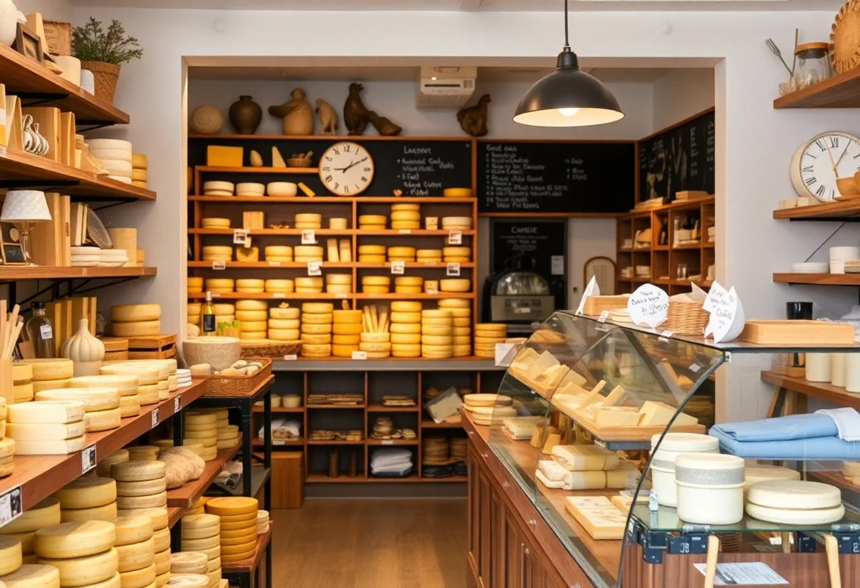 Cozy interior of an artisanal cheese shop with various cheeses on display.