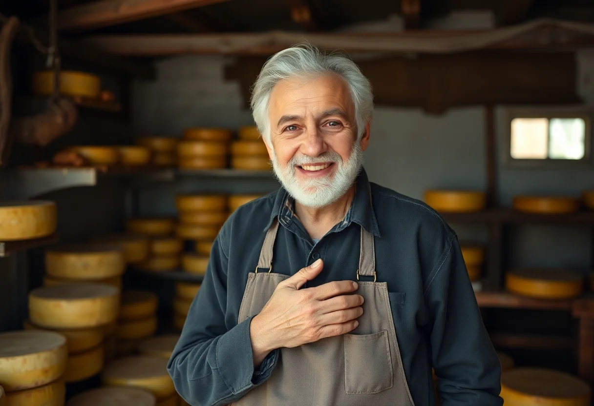 Portrait of a smiling, elderly Turkish cheese producer with weathered hands, standing in his workshop.