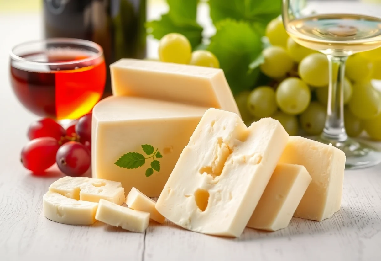 Slices of Thracian white cheese next to a glass of wine and grapes, suggesting a vineyard theme.